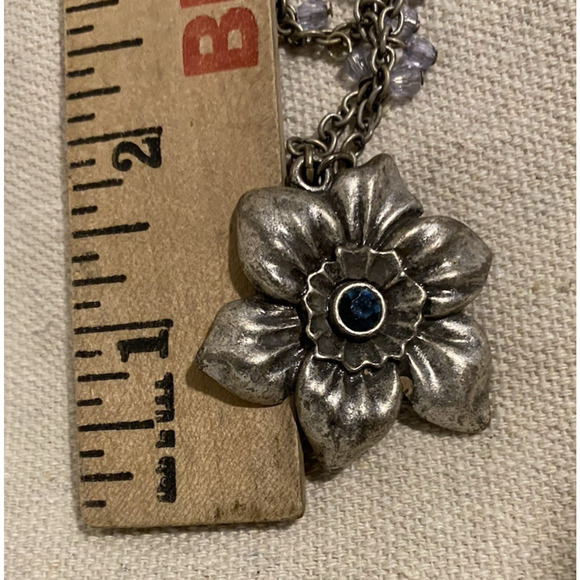 Vintage Costume Jewelry Flower Pendant 18 in Necklace Blue Jeweled Double Chain - Picture 6 of 7